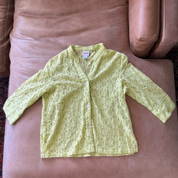 Ruby Rd. Blend Eyelet V-Neck Button Up Blouse Top Yellow 3/4 Sleeve Size 14 - Picture 1 of 6